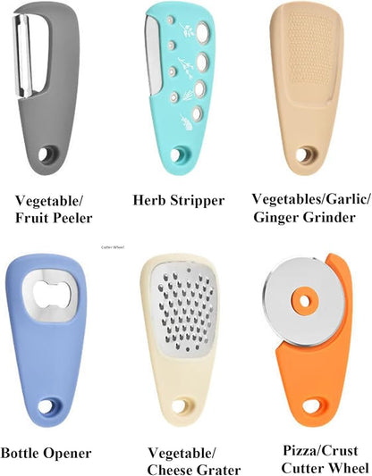 Kitchen Gadgets Set 6 Pieces, Space Saving Cooking Tools Kitchen Accessories-Garlic Grinder, Cheese Grater, Vegetable Peeler, Pizza Cutter, Herb Stripper, Bottle Opener, Gadgets Gift Set (Multicolor)