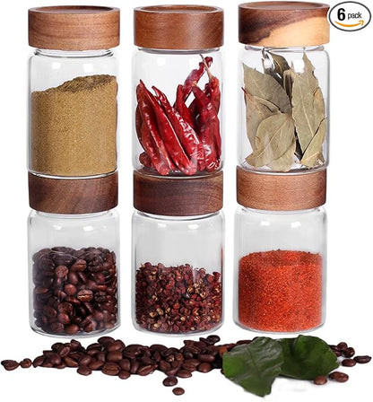 SAIOOL 6 Pcs Small Glass Spice Jars with Label,High Sealing Threaded Mouth,with Black Printed Spice Labels - 8.79oz /260ml*6,Empty Cylinder Spices Bottles,Storage Jars with Airtight Screw Lids