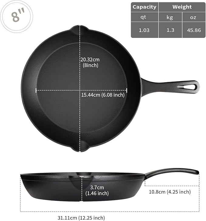 8 Inch Cast Iron Skillet, Pre-Seasoned, Induction Safe | Pre-seasoned 8" skillet for breakfast, eggs & sides. Serves 1-2. No lid included. Induction & oven safe. PFOA-free.