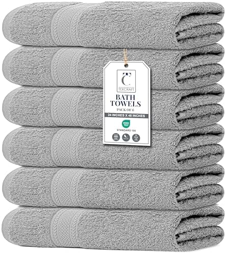 Medium Size Bath Towels Set of 6 – 100% Cotton Terry – 24" x 48" – Quick Dry, Soft & Highly Absorbent – Light Grey Towels for Bathroom, Gym, Spa, Pool & Daily Use