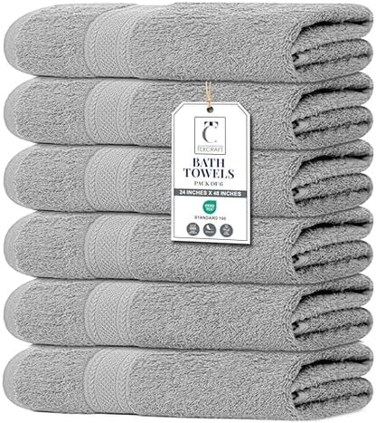 Medium Size Bath Towels Set of 6 – 100% Cotton Terry – 24" x 48" – Quick Dry, Soft & Highly Absorbent – Light Grey Towels for Bathroom, Gym, Spa, Pool & Daily Use