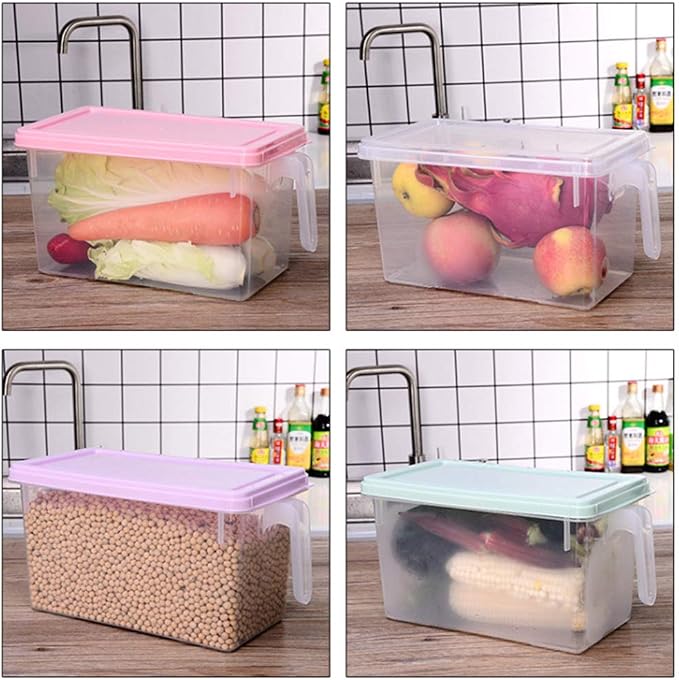 Plastic Storage Containers Square Food Storage Organizer Stackable Refrigerator Organizer Handle Kitchen Containers with Lids for Fruits Vegetables Meat Egg, 4-pack (Pink)
