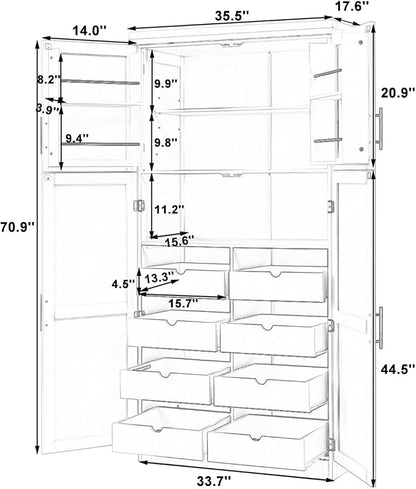 VilroCaz Freestanding Kitchen Pantry Tall Storage Cabinet, Wooden Kitchen Organizers with 4 Doors, 2 Door Shelves, 8 Pull-Out Trays and Adjustable Shelf for Dining Room Living Room (Gray-8.5)