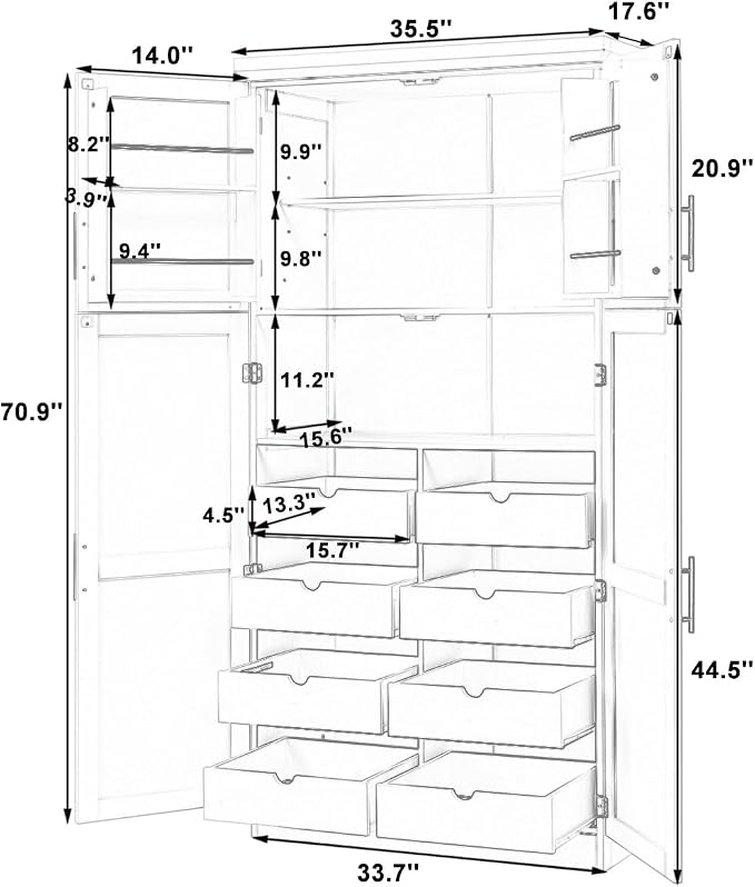 VilroCaz Freestanding Kitchen Pantry Tall Storage Cabinet, Wooden Kitchen Organizers with 4 Doors, 2 Door Shelves, 8 Pull-Out Trays and Adjustable Shelf for Dining Room Living Room (Blue-8.5)