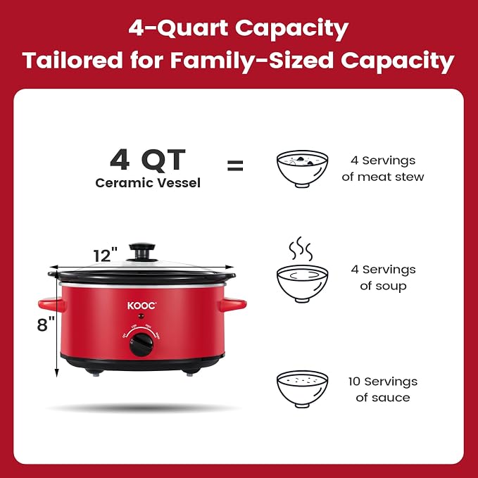 KOOC 4-Quart Slow Cooker, 3 Cooking Settings, Dishwasher Safe Ceramic Crock, Lid, Free Pot Liners Included, RED, Ellipse Pot