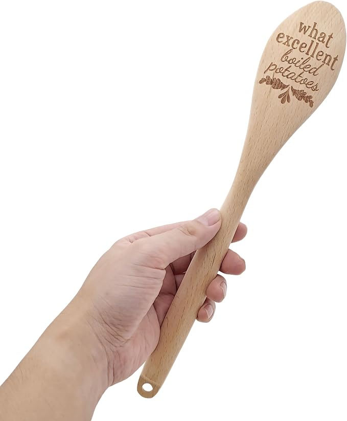 Jane Austen Wooden Spoon with Red Gift Bow – Pride and Prejudice Quote “What Excellent Boiled Potatoes” – Funny Literary Kitchen Utensil & Gift for Book Lovers
