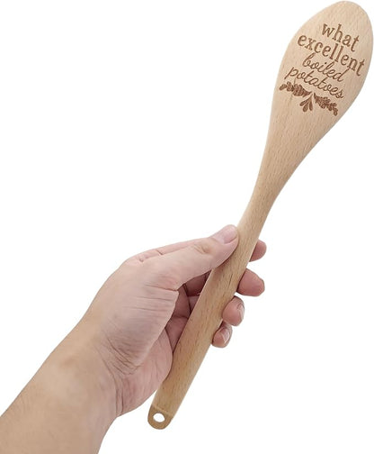 Jane Austen Wooden Spoon with Red Gift Bow – Pride and Prejudice Quote “What Excellent Boiled Potatoes” – Funny Literary Kitchen Utensil & Gift for Book Lovers