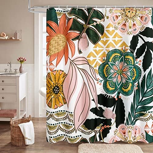 Boho Floral Shower Curtain, Pink Botanical Fabric Curtain, 72 x 72