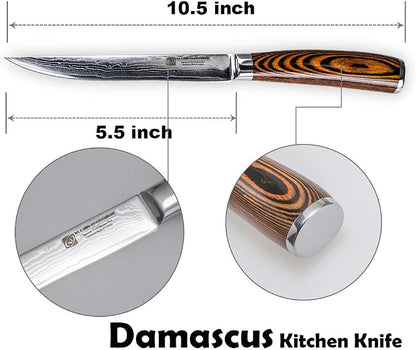Damascus Utility Knife 5.5" Chef Knife Kitchen VG10 Stainless Steel Core 67-Layer Hand Forged Razor Sharp Edge Ergonomic Handle Precision Slicing Boning Trimming Carving Gift Idea