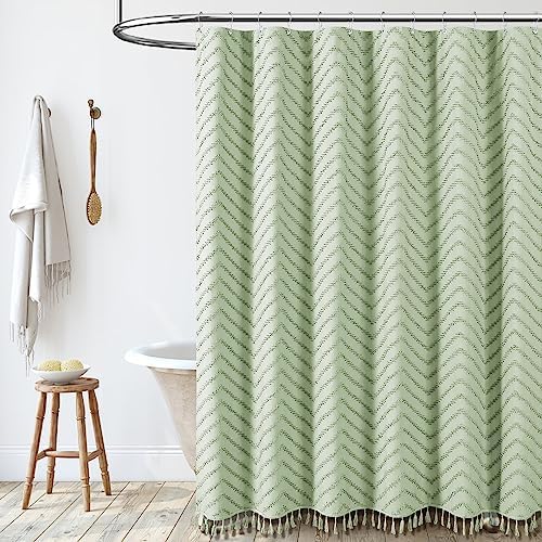 Dynamene Extra Long Boho Shower Curtain Tufted Chevron 72"x90" Sage Green