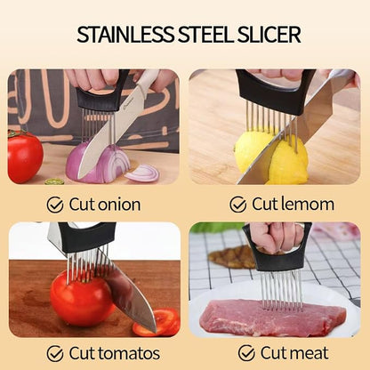 Onion Holder for Slicing, Stainless Steel Onion Slicer and Chopper, Lemon Slicer Vegetable Cutter Kitchen Tool, Food Slicing Assistant for Meat, Tomato, Potato, Lemon (2 Pack)