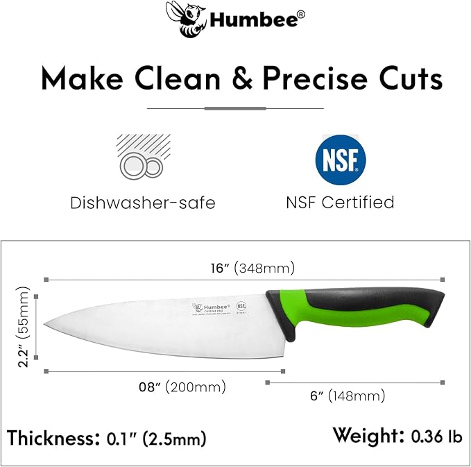 8-Inch Chef Knife, NSF Certified Razor-Sharp High Carbon Stainless Steel Blade – Ergonomic Color Coded Handle, Non-Slip Grip Kitchen Knife, DT-10 Series, Green