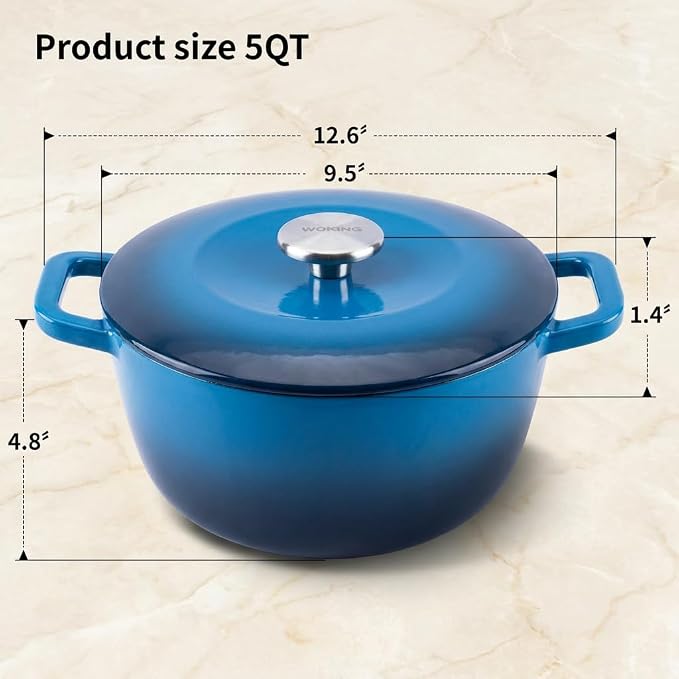 5QT Enamel Cast Iron Dutch Oven with Lid,Dual Handles,Versatile Heavy-Duty Non-toxic Cookware for Sourdough Bread Baking,Braising,Stews,Roasting,Oven Safe up to 500°F blue