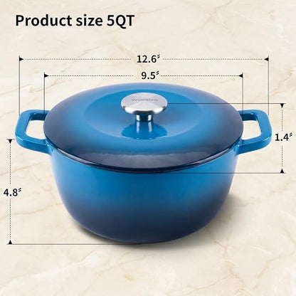 5QT Enamel Cast Iron Dutch Oven with Lid,Dual Handles,Versatile Heavy-Duty Non-toxic Cookware for Sourdough Bread Baking,Braising,Stews,Roasting,Oven Safe up to 500°F blue