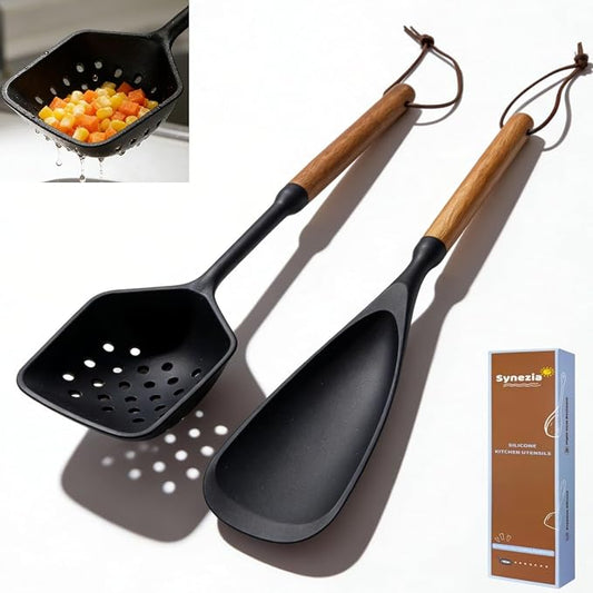 Silicone Cooking Spoons with Non Slotted Spoon, Large Serving Strainer Spoon Set, Multifunction Flat Spoon Spatula, Non-Stick Skimmer Colander Spoon for Mixing,Serving,Draining
