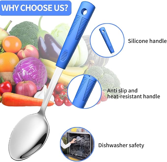Metal Serving Spoons Set, Large Serving Spoons with Silicone Handles, Stainless Steel Serving Spoon, Slotted Spoon & Soup Ladle Set for Buffet and Home Kitchen (Blue)