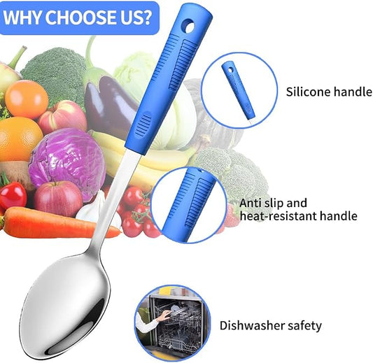 Metal Serving Spoons Set, Large Serving Spoons with Silicone Handles, Stainless Steel Serving Spoon, Slotted Spoon & Soup Ladle Set for Buffet and Home Kitchen (Blue)
