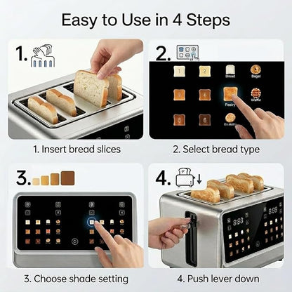 4 Slice Touch Screen Toaster with LCD Display Stainless Steel Digital Toasters 6 Bread Types& 6 Shade Settings Smart Extra Wide Slots Toaster With Bagel Cancel Defrost Reheat Functions
