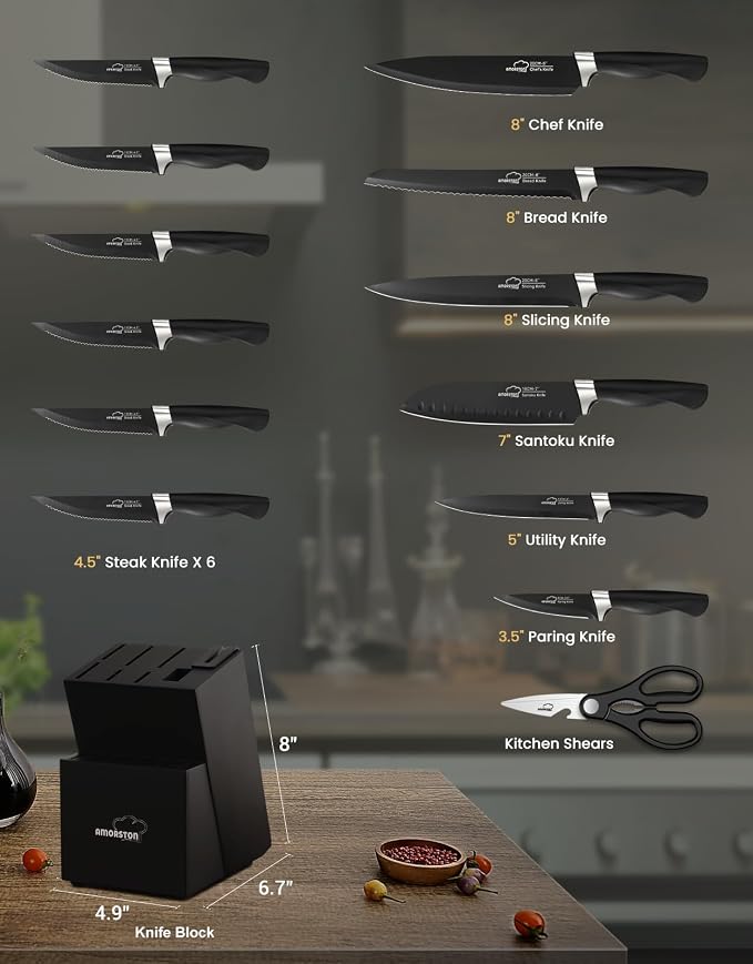 Amorston Knife Set, 15 Piece Kitchen Knife Set with Block and Built in Sharpener, German Stainless Steel Dishwasher Safe Knife Block Set, Black Kitchen Knives Set for Home Cooking Fathers Day Gift