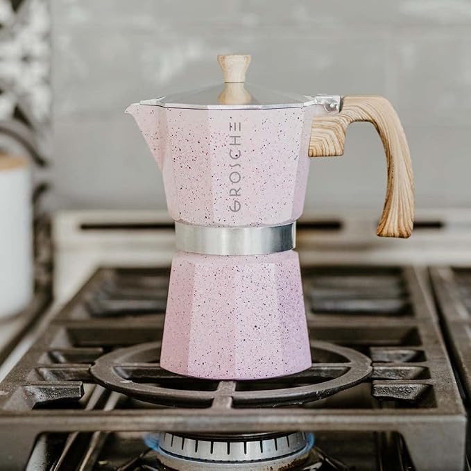 GROSCHE Milano Moka pot, Stovetop Espresso maker, Greca Coffee Maker, Stovetop coffee maker and espresso maker percolator (Pink, 9 cup)