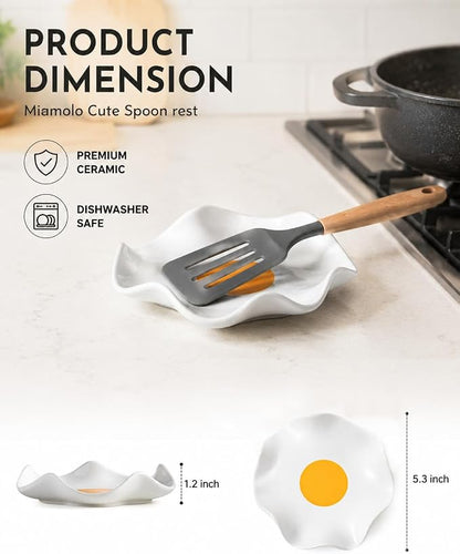 Miamolo Cute Spoon Rest for Stove Top, Ceramic Egg Spoon Holder for Kitchen Counter Spatula Holder, 5.3in Coffee Spoon Rest, Sunny-Side Up Funny Cooking Spoon Holder for Utensils, Kitchen DéCor