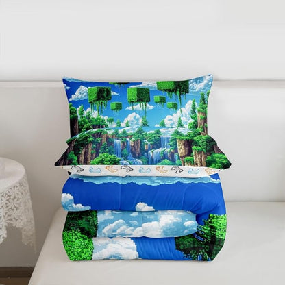 Manfei Pixelated Games Comforter Set -Cartoon Gamepad Comforter Queen Size Block Building Gaming Bedding Set for Kids Adults Bedroom Decor Fashion Modern Quilt Duvet,3 Pcs with 2 Pillowcase