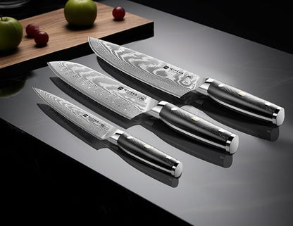 WIZEKA Damascus Chef Knife Set: 3 PCS,Super Sharp Kitchen Knives: Made of Japanese Steel VG10: Full Tang Professional Chef Knife Set With G10 Ergonomic Handle, Fathers day