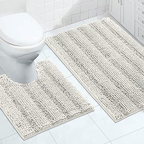 2-Piece Bathroom Rug Set with U-Shaped Mat, Soft Absorbent Chenille, Cream