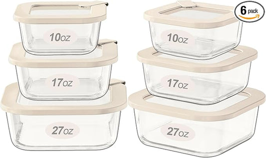 Urban Green Glass Food Storage Containers with Glass Lids, Microwave Safe Food Container Set, Airtight Meal Prep Containers, LeakProof, 100% Plastic Free, 6 Pack