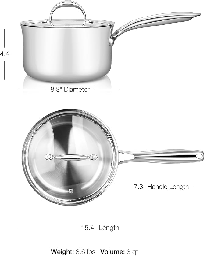KEAWELL K3 Premium 3-Quart Tri-Ply Fully Clad Stainless Steel Saucepan with Lid, Induction & Oven Safe up to 600°F, Even Heating, Professional Cookware for All Stovetops (3-Qt)
