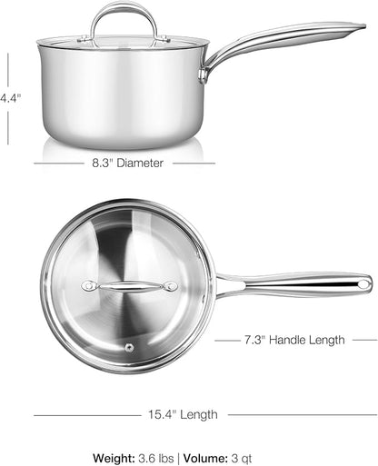 KEAWELL K3 Premium 3-Quart Tri-Ply Fully Clad Stainless Steel Saucepan with Lid, Induction & Oven Safe up to 600°F, Even Heating, Professional Cookware for All Stovetops (3-Qt)