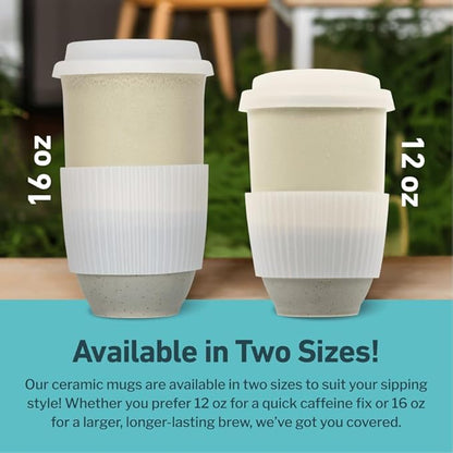 NOVA CERAMICS Travel Mug - Ceramic Coffee Mug With Lid – Microwave & Dishwasher Safe Coffee White & Grey Tumbler - Gifts For Women Men Him Her – 16oz – Mist