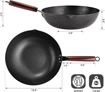 Leidawn 12.8" Carbon Steel Wok-11Pcs Woks & Stir Fry Pans Wok Pan with Lid, No Chemical Coated Chinese Woks with 10 Cookware Accessories, Flat Bottom Wok for Electric, Induction,Gas Stoves