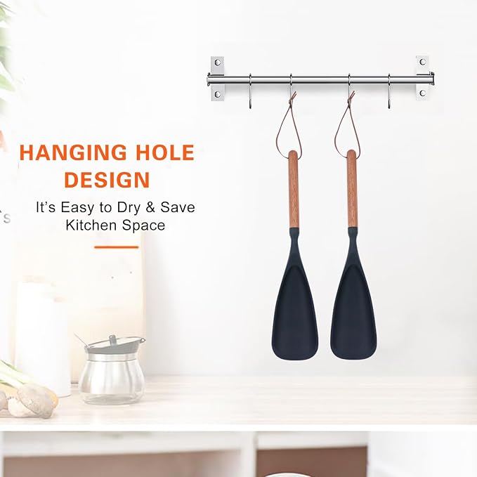 Cooking Spoon for Nonstick Cookwares, Multifunction Spatula Spoon, Great for Both Cooking and Serving, Durable BPA-Free Matte Black Silicone, Wood Handle Spoon, Safe for Nonstick Cooking Surfaces
