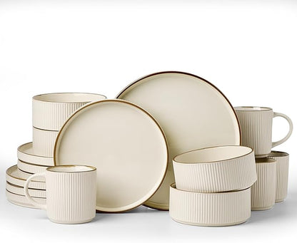 Famiware Star 16-Piece Stoneware Dinnerware Set with Trim, Service for 4 -Ceramic Mugs, Plates and Bowls, Modern Rustic Dishes with High Edge, Chip/Scratch Resistant, Microwave/Dishwasher Safe, Cream