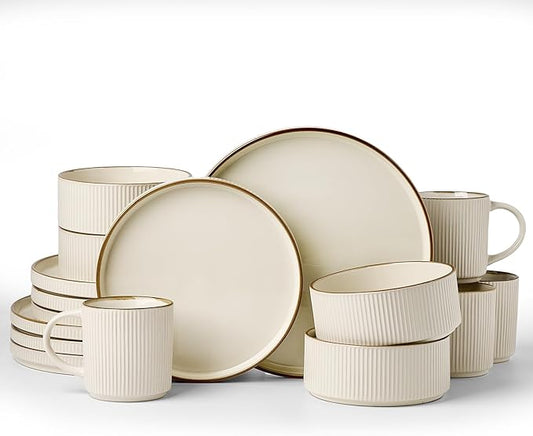 Famiware Star 16-Piece Stoneware Dinnerware Set with Trim, Service for 4 -Ceramic Mugs, Plates and Bowls, Modern Rustic Dishes with High Edge, Chip/Scratch Resistant, Microwave/Dishwasher Safe, Cream