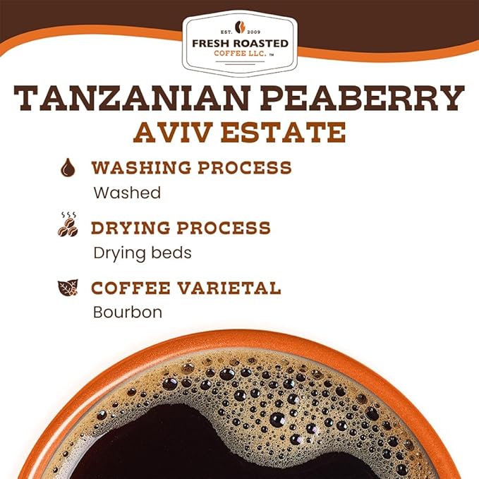 Fresh Roasted Coffee, Tanzanian Peaberry, 2 lb (32 oz), Light Roast, Kosher, Ground