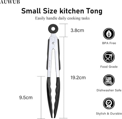7 Inch Small Silicone Salad Cooking Tongs, Food Serving Tongs with Heat Resistant Non-Slip Grip, Black Color Kitchen Utensils for Salad Charcuterie Board