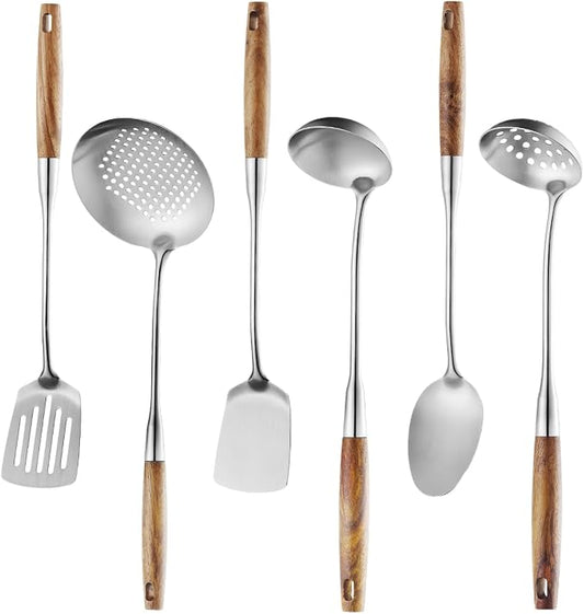 6 Pcs Cooking Utensils Set 304 Stainlss Steel Kitchen Utensils Set Heat Resistant Wooden Handle Kitchen Tools Metal Kitchen Utensil Soup Ladle Set, Dishwasher Safe