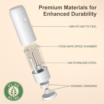 Ultrean Electric Pepper Grinder, Rechargeable Salt and Pepper Grinder with 6 Adjustable Coarseness, LED Light, Automatic Grinder for Kitchen, Kitchen Gadget & Housewarming Gifts, White
