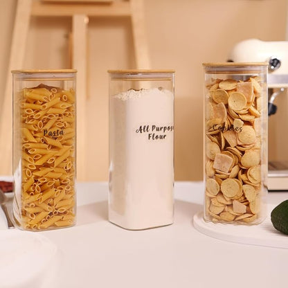 3 Pcs Square Glass Pantry Storage Containers with Bamboo Airtight Lid and 248 Clear Pantry Labels Preprinted - 62oz Thicken Glass Food Storage Jars for Coffee, Cookie, Tea, Sugar, Spice