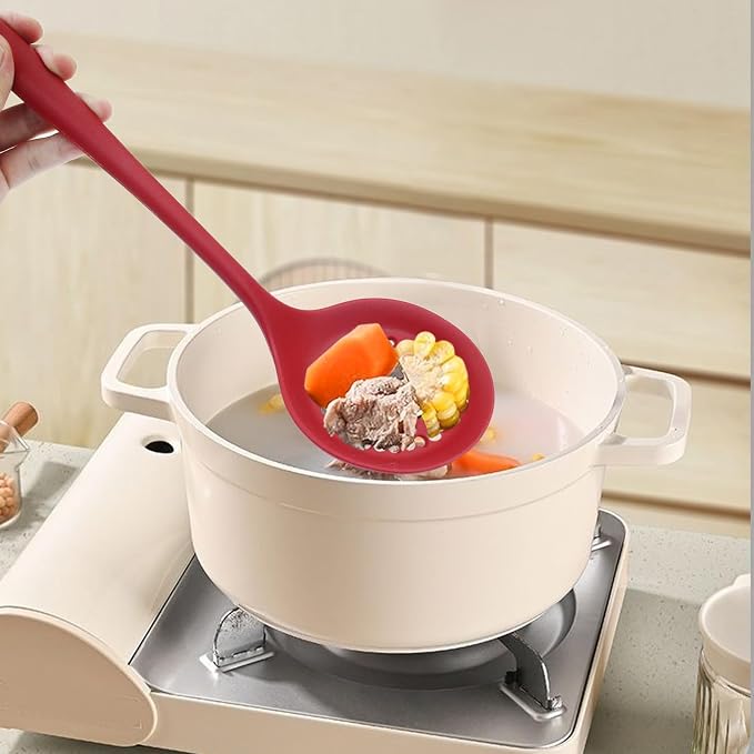 Hordion 1 Pcs Silicone Slotted Spoon, Red Strainer Spoon Non Stick Silicone Skimmer Heat Resistant Cooking Spoon