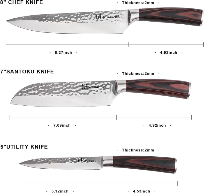Kitchen Knife Set German Stainless Steel 3Pcs Knife Set High Carbon Chef Knife Ergonomic Colour Wood Handle With Finger Guard and Christmas Gift Box (Sliver)