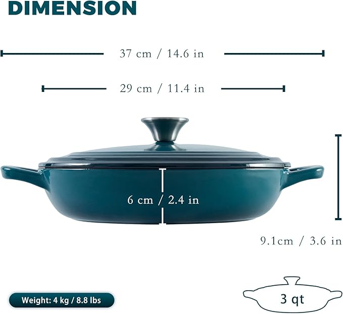 Flavehc Braiser Enameled Cast Iron Braiser 3 QT, Cast Iron Braiser Pan with Lid for Bread Baking, Soup & One Pot Meals, Small Shallow Dutch Oven Casserole for Oven & Induction, DarkCyan