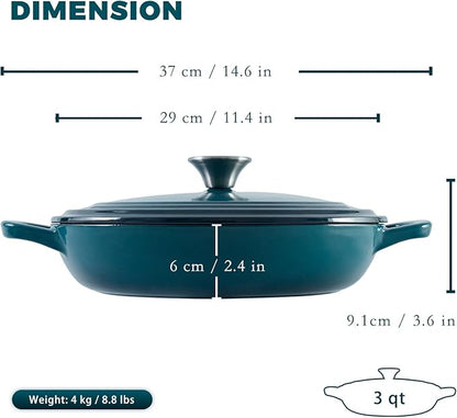 Flavehc Braiser Enameled Cast Iron Braiser 3 QT, Cast Iron Braiser Pan with Lid for Bread Baking, Soup & One Pot Meals, Small Shallow Dutch Oven Casserole for Oven & Induction, DarkCyan