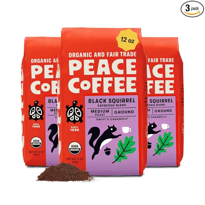 Peace Coffee Black Squirrel Espresso Blend Ground Medium Roast Coffee, 12 oz, Pack of 3, Organic Fair Trade, Smooth, Classic Flavor, Shade Grown, Fresh Roasted