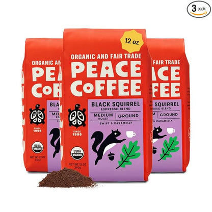 Peace Coffee Black Squirrel Espresso Blend Ground Medium Roast Coffee, 12 oz, Pack of 3, Organic Fair Trade, Smooth, Classic Flavor, Shade Grown, Fresh Roasted