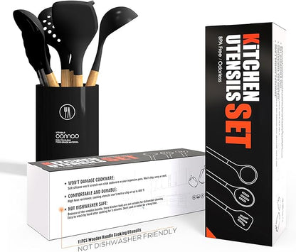 oannao Silicone Cooking Utensils Set - 446°F Heat Resistant Silicone Kitchen Utensils for Cooking,Kitchen Utensil Spatula Set w Wooden Handles, BPA FREE Gadgets for Non-Stick Cookware (Black)