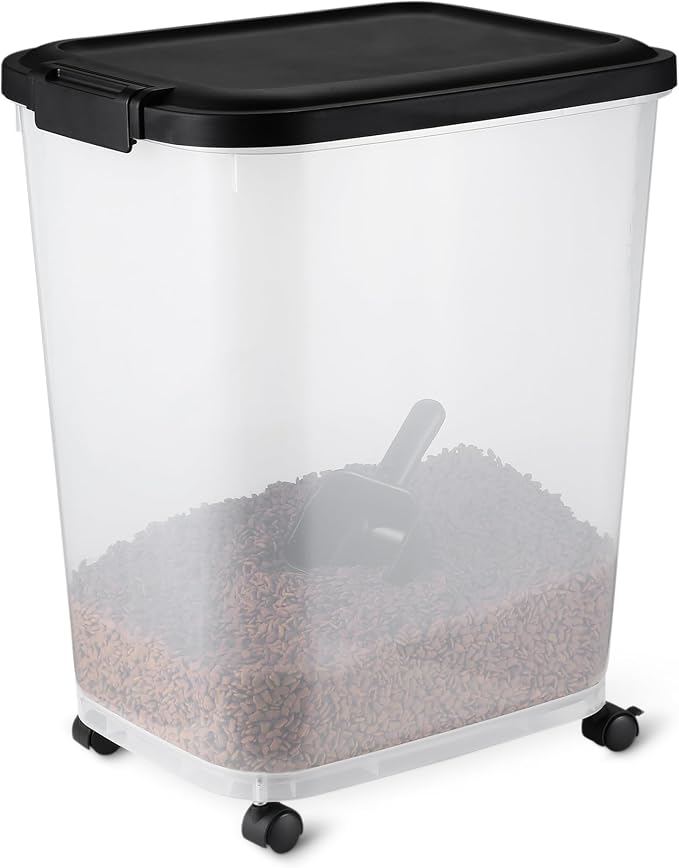 Amazon Basics Pet Food Storage Container with Wheels, BPA-Free, Detachable Scoop, 30lbs Capacity, Reliable Seal