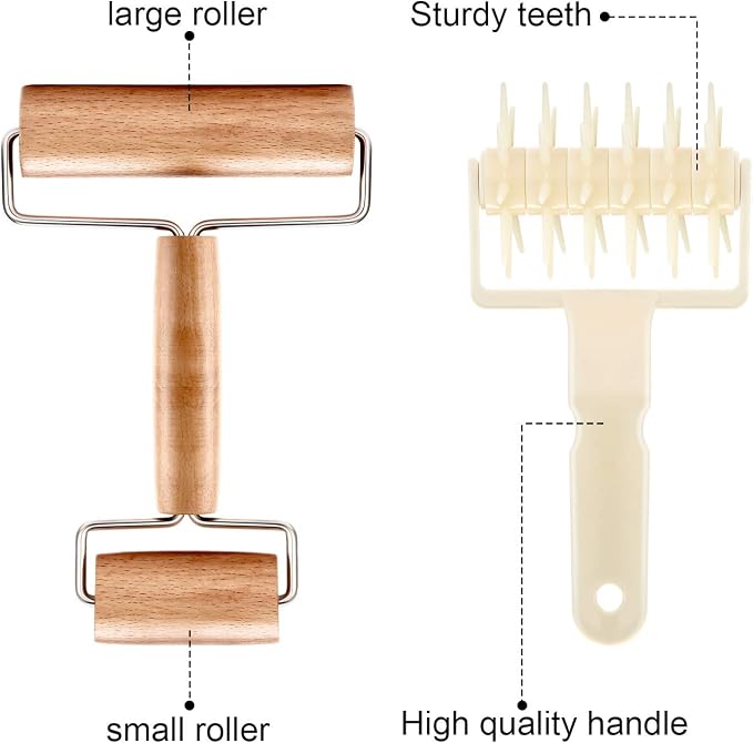 Mudder 2 Pcs Pizza Dough Roller Docker Set, Plastic Dough Docker Pastry Roller with Spikes Non-stick Wooden Rolling Pin for Cookie, Pie, Pastry, Bread, Crust